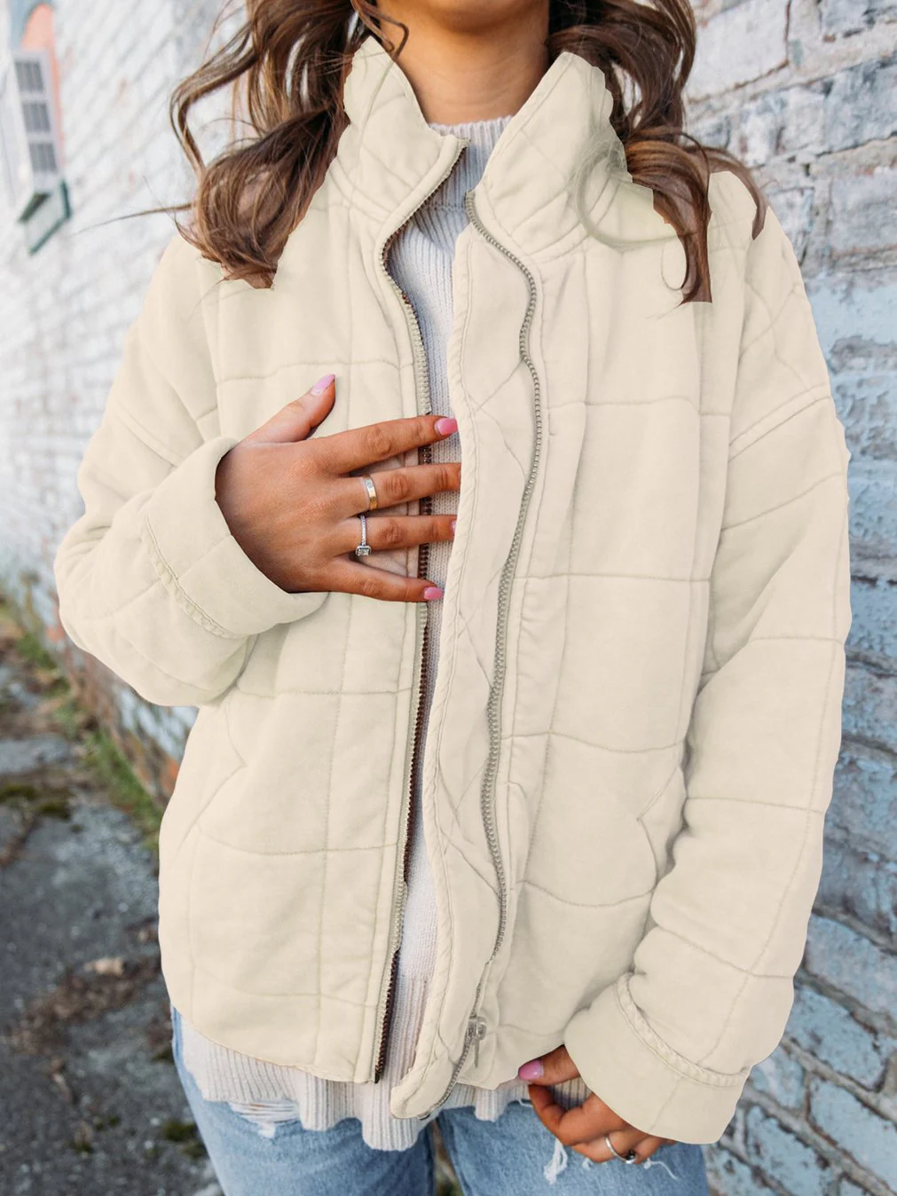 Women's Loose Solid Color Stand Collar Jacket